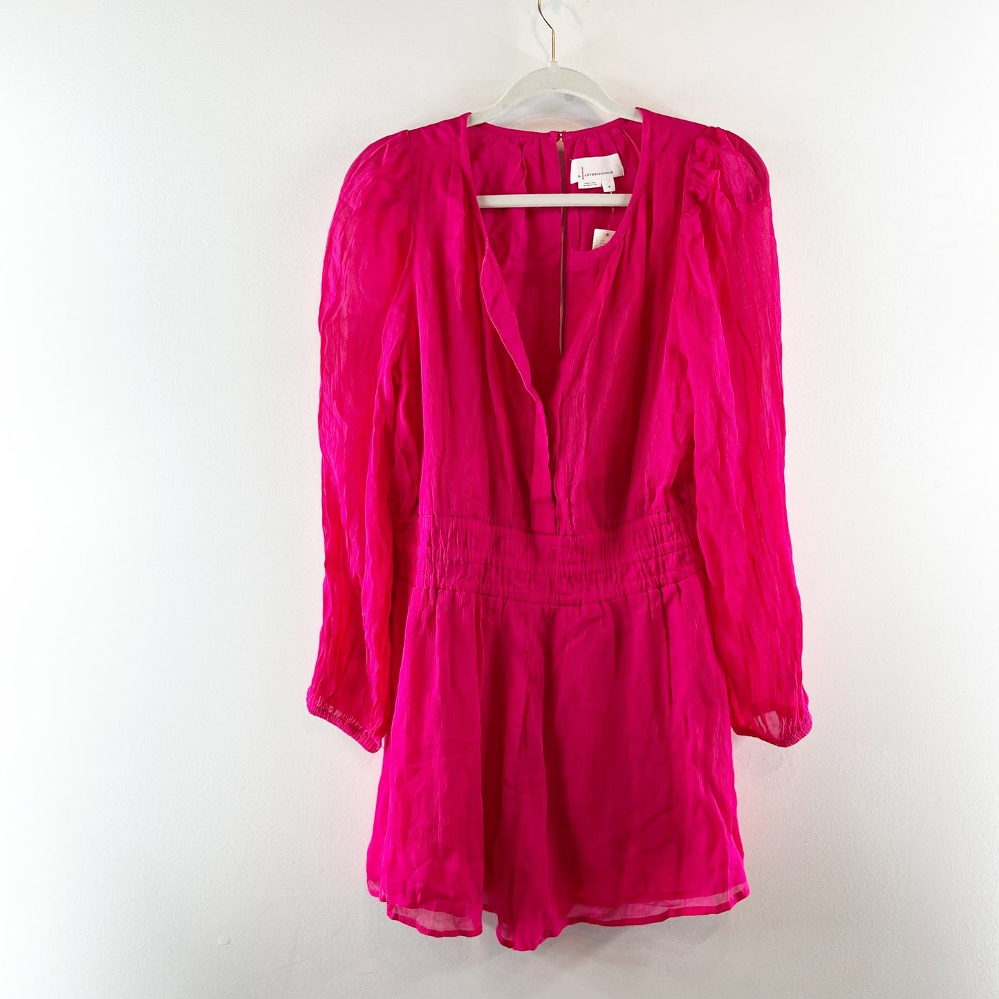 Anthropologie The Somerset V-Neck Long Sleeve Short Romper Hot Pink Medium