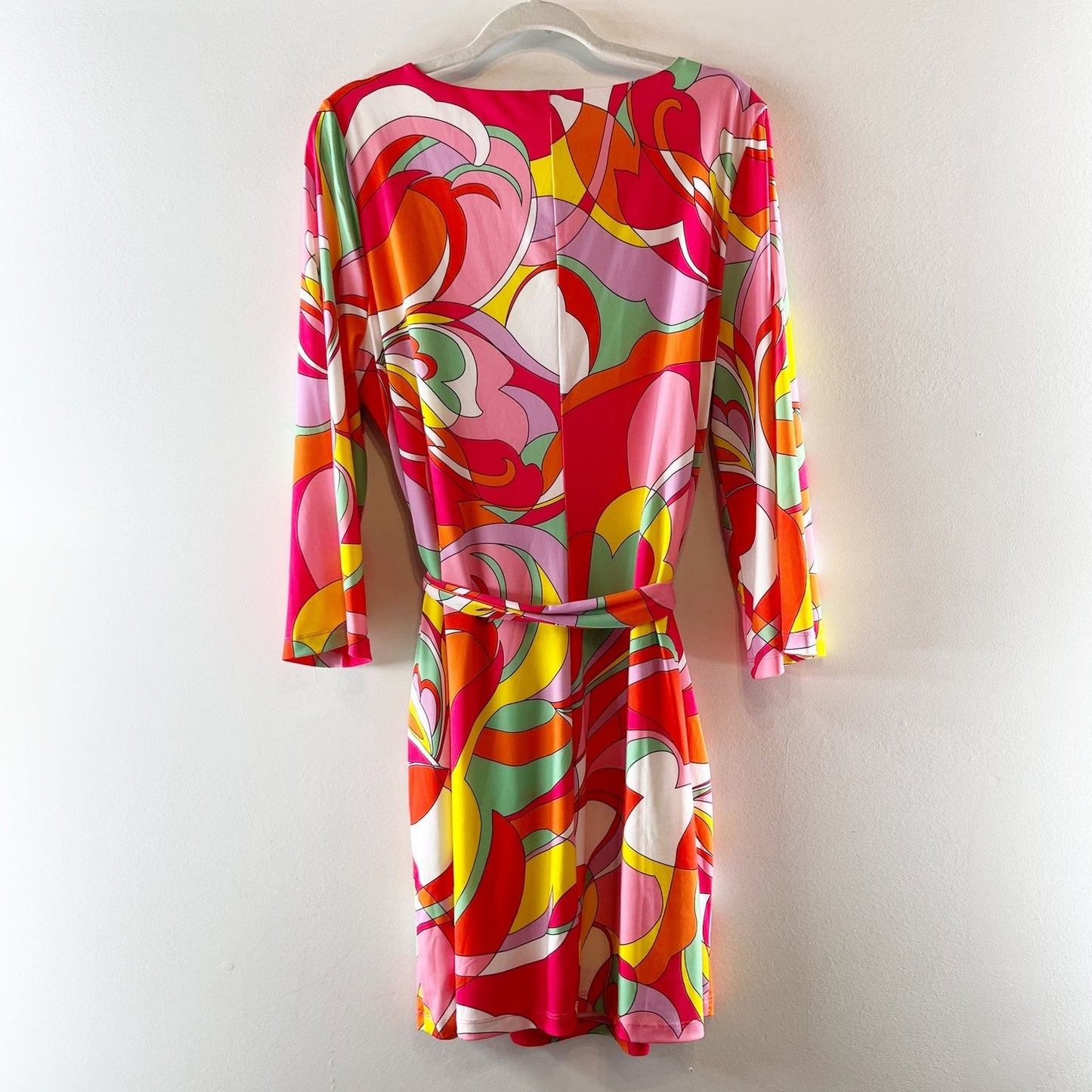 Boston Proper Colorful Abstract Swirled Print Belted Mini Dress Red Pink Large
