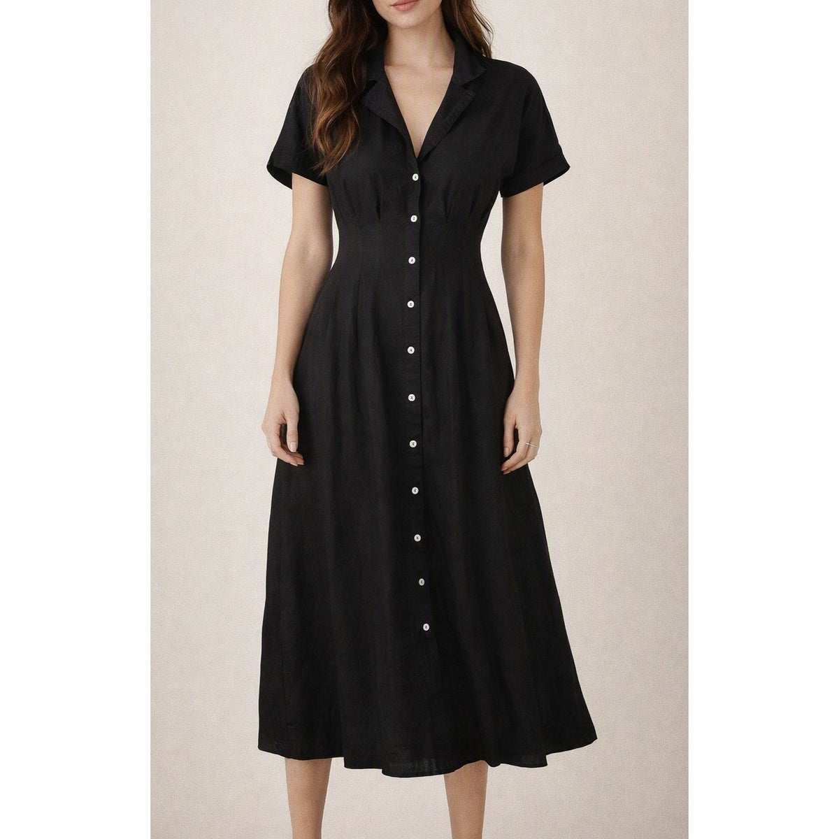 Halston Linen Blend Short Sleeve Midi Shirt Dress Black 4