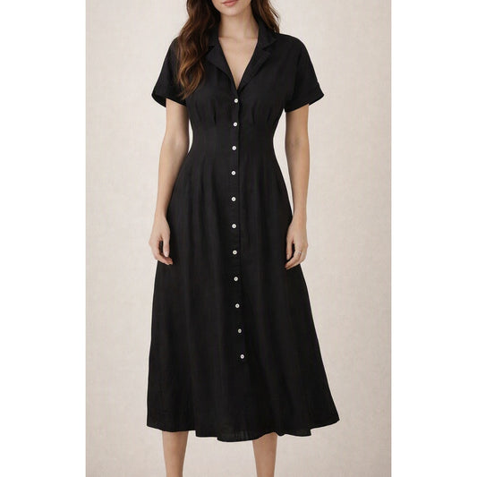 Halston Linen Blend Short Sleeve Midi Shirt Dress Black 4
