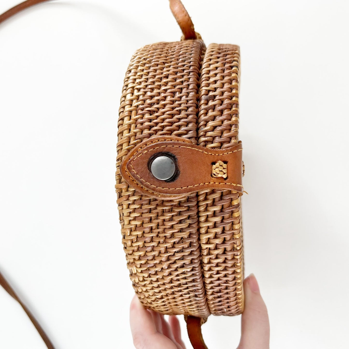 Circle Round Rattan Wicker Long Crossbody Bag Purse Brown