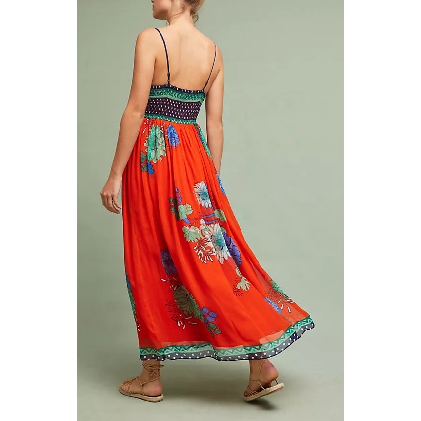 Maeve by Anthropologie Ikebana Floral Sleeveless V-Neck Maxi Dress Orange 12