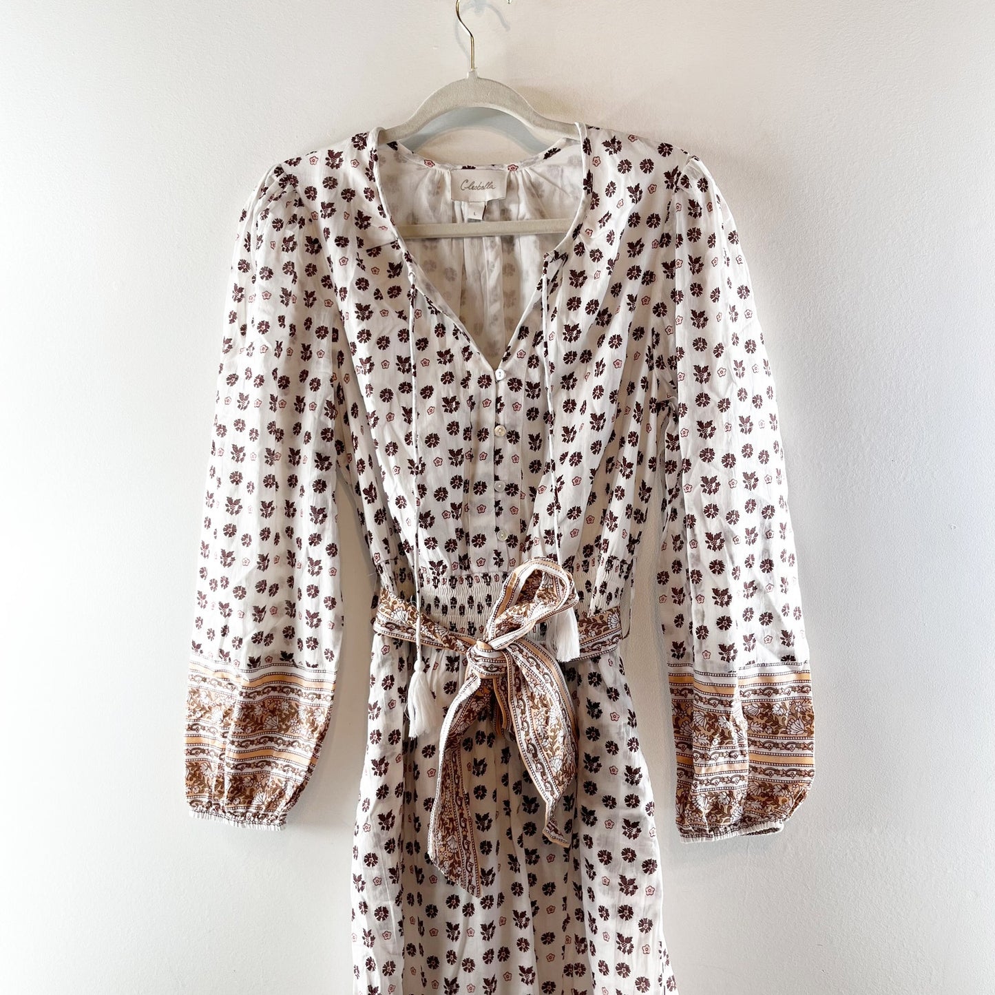 Cleobella Blakely Long Sleeve Tiered Peasant Midi Dress White Beige Large