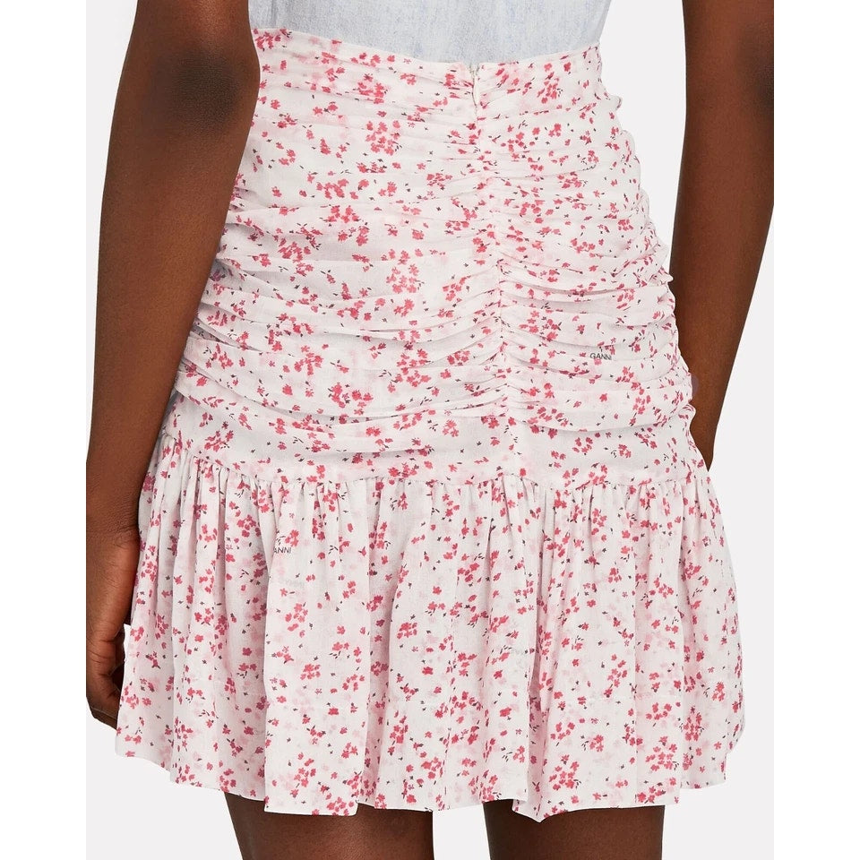 Ganni Georgetti Floral Print High Waisted Ruched Mini Skirt Pink White 34
