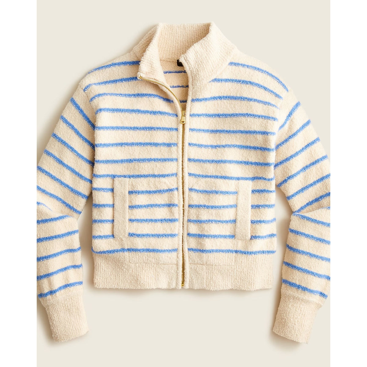 J. Crew Striped Long Sleeve Zip-Up Cotton-Blend Bouclé Sweater Cream Blue 2X