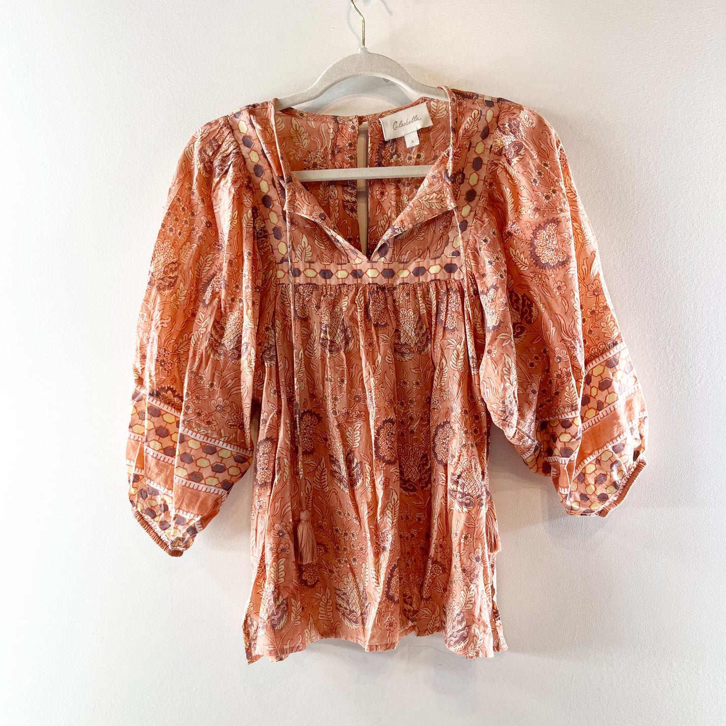 Cleobella Amarills Floral Blouson Sleeve Split Neck Blouse Top Cherry Blossom S