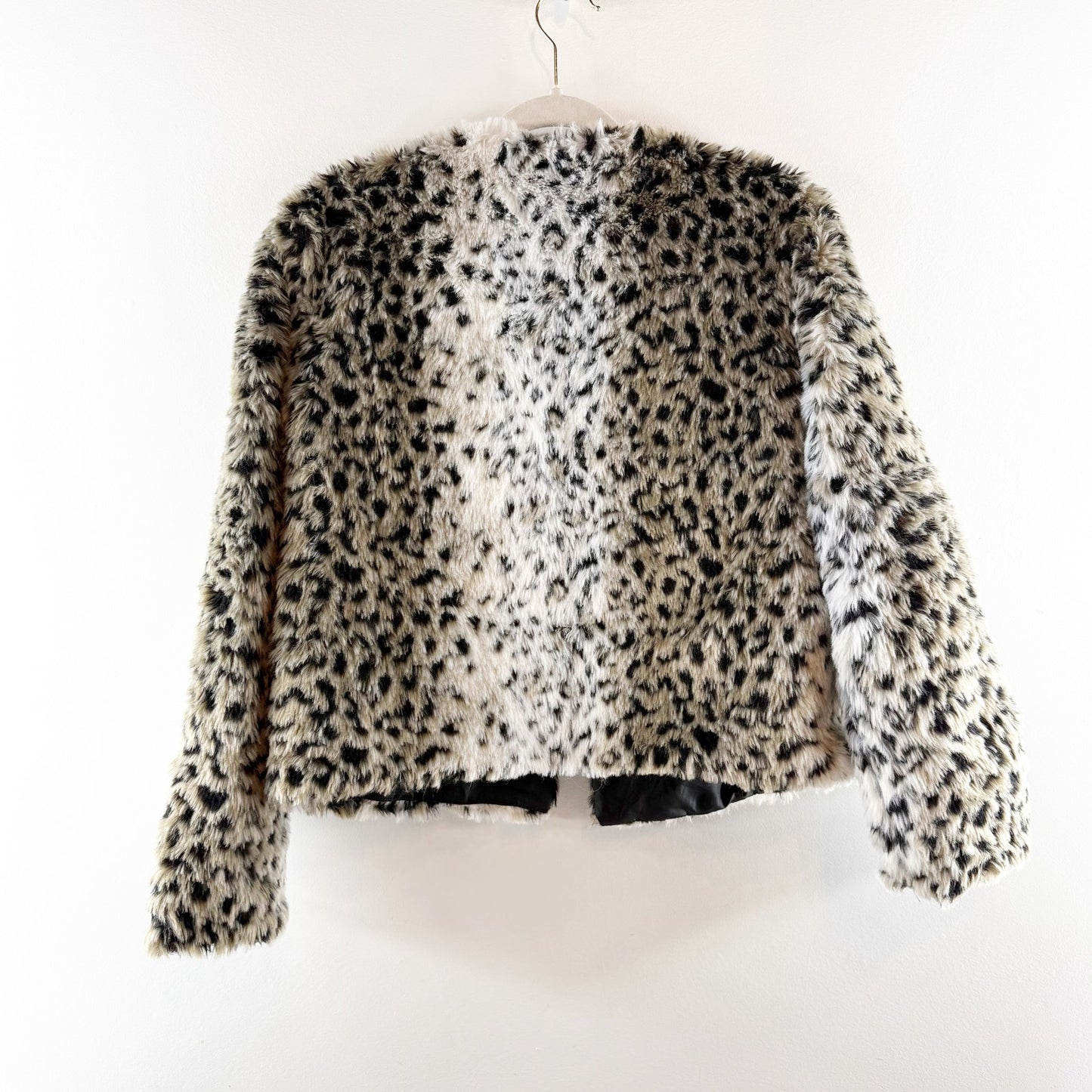 BB Dakota Wild Thing Open Faux Fur Snow Leopard Jacket Tan Black Small