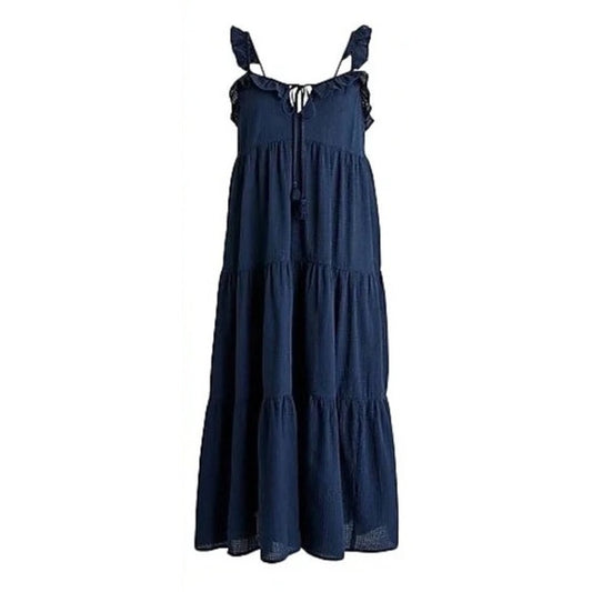 J. Crew Tiered Ruffle Strap Midi Beach Dress in Crinkle Cotton Navy Blue XS