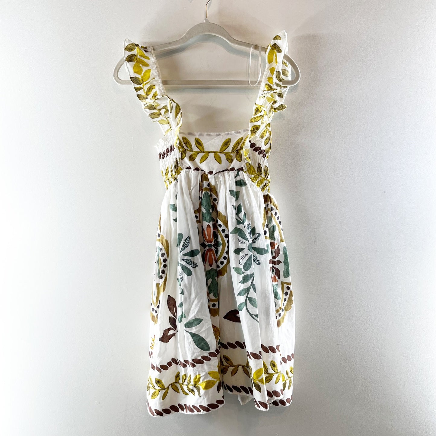 Anthropologie Ruffle-Sleeve Square-Neck Printed Mini Dress White XS