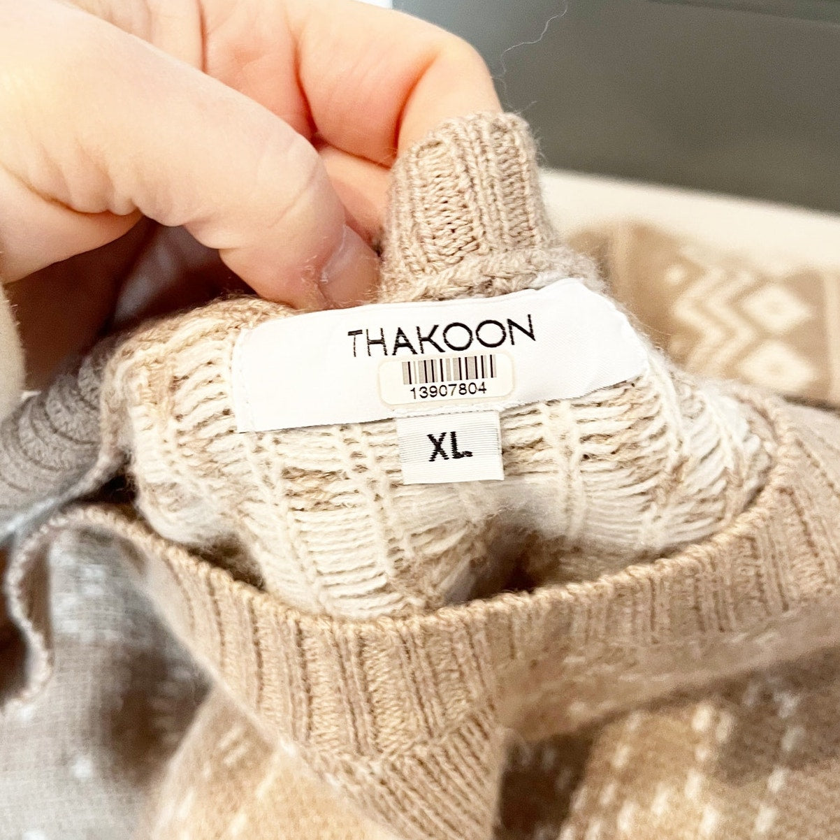 Thakoon Fair Isle Intarsia Crewneck Pullover Tunic Sweater Tan Beige XL