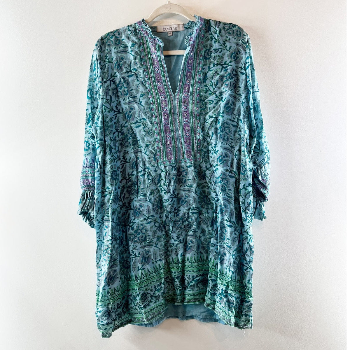 Bella Tu Long Sleeve Embroidered Tunic Shift Dress Green XL