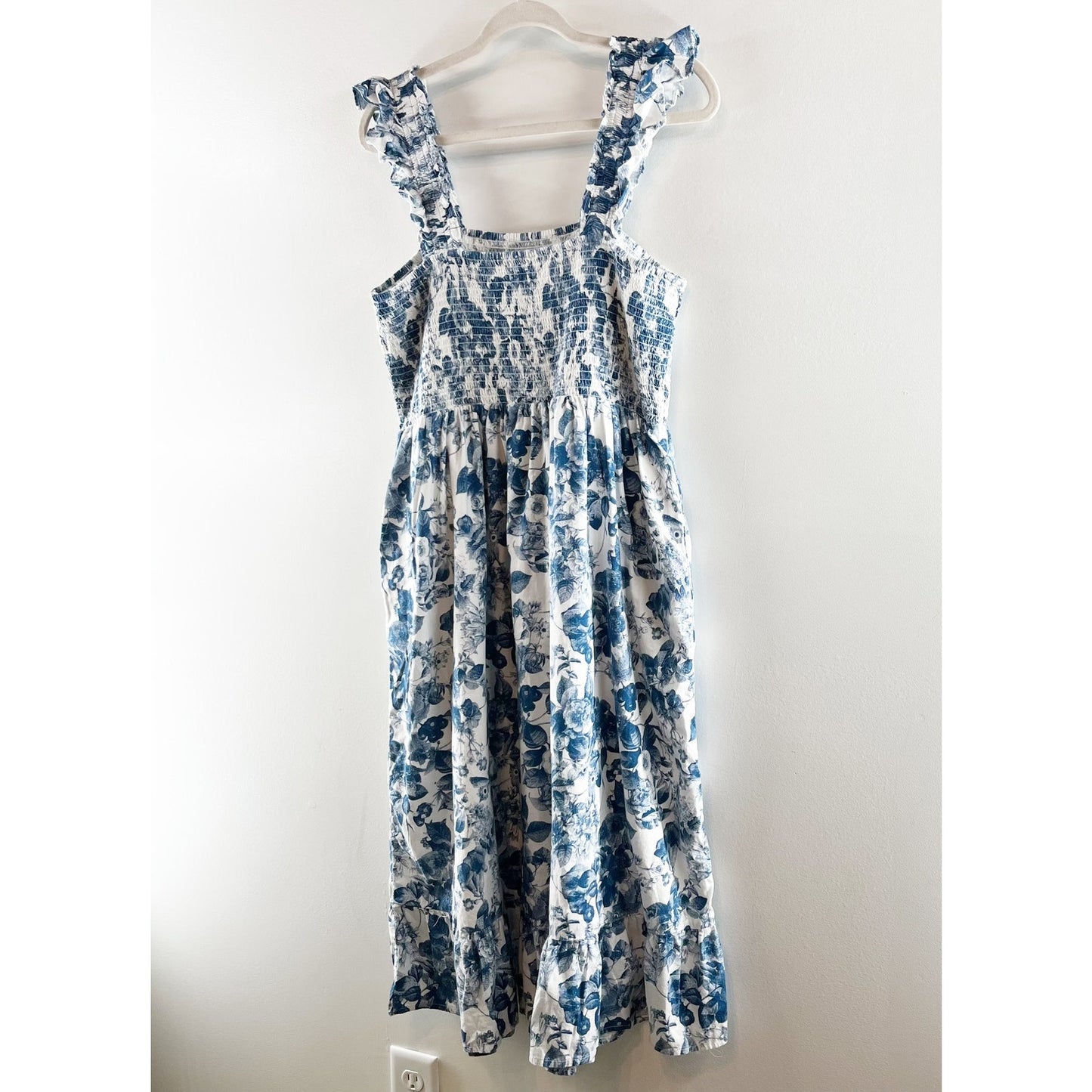 The Drop Smocked Bodice Ruffle Strap Square Neck Floral Midi Dress Blue XL