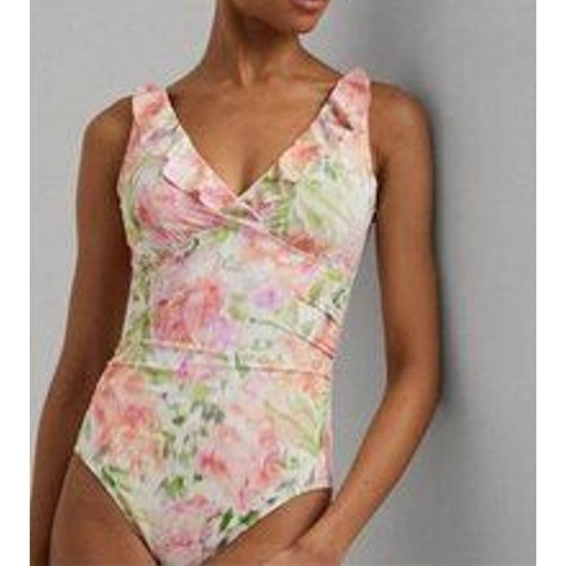 Ralph Lauren Ruffle Trim Floral One Piece Swimsuit Pink Green 14