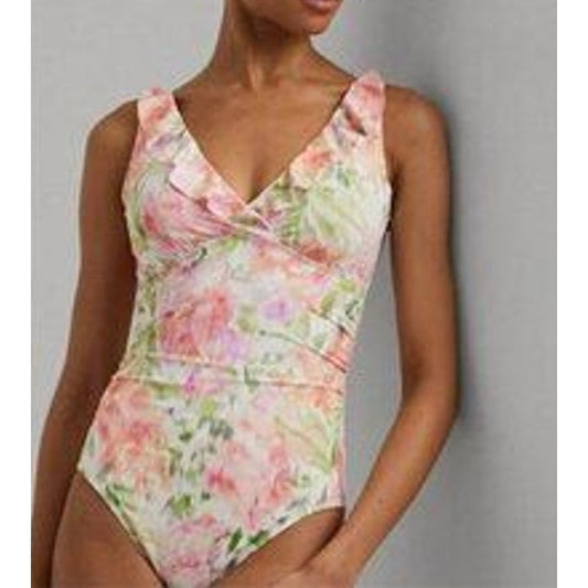 Ralph Lauren Ruffle Trim Floral One Piece Swimsuit Pink Green 14
