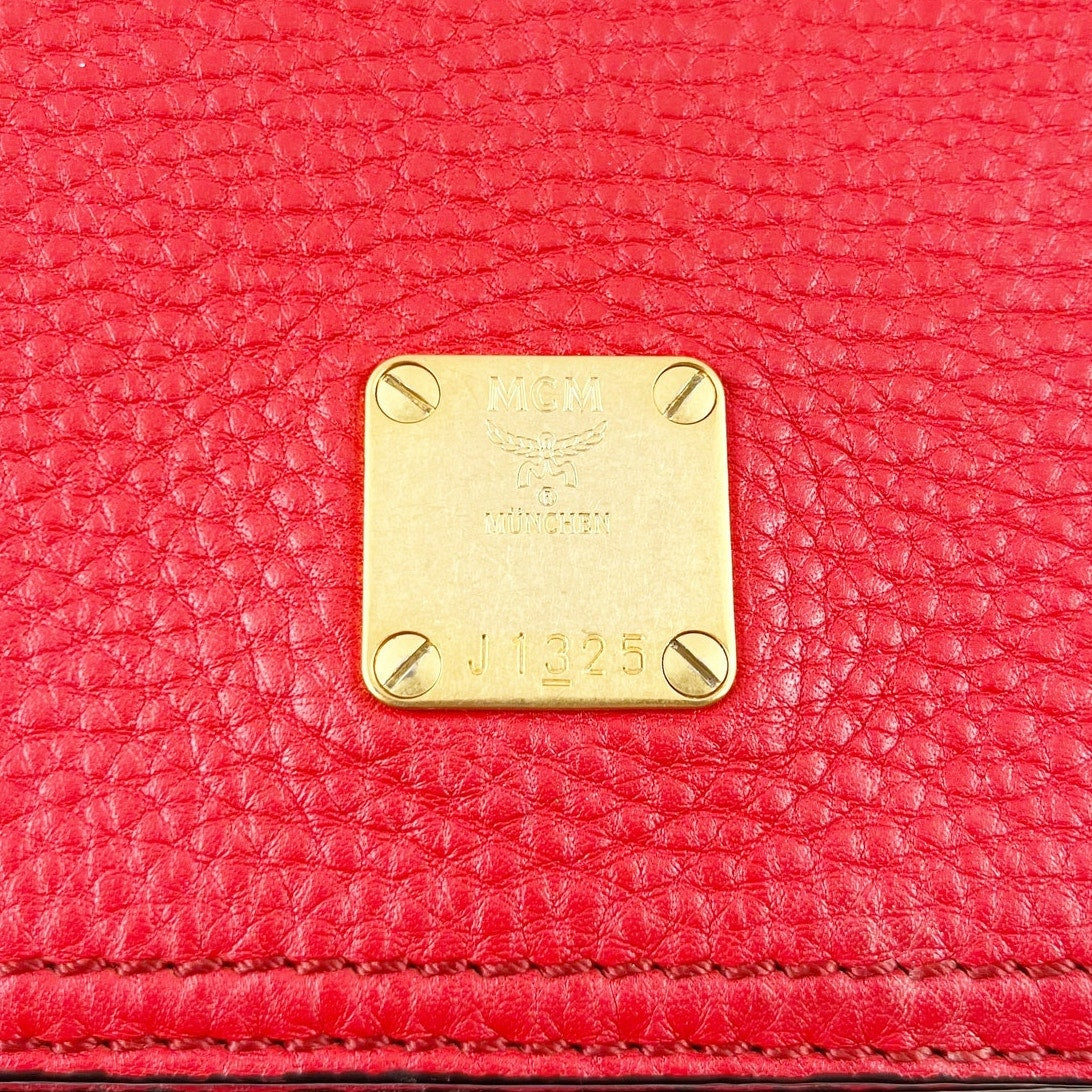 MCM Square Leather Crossbody Bag Gold Chain Flap Closure Red Gold