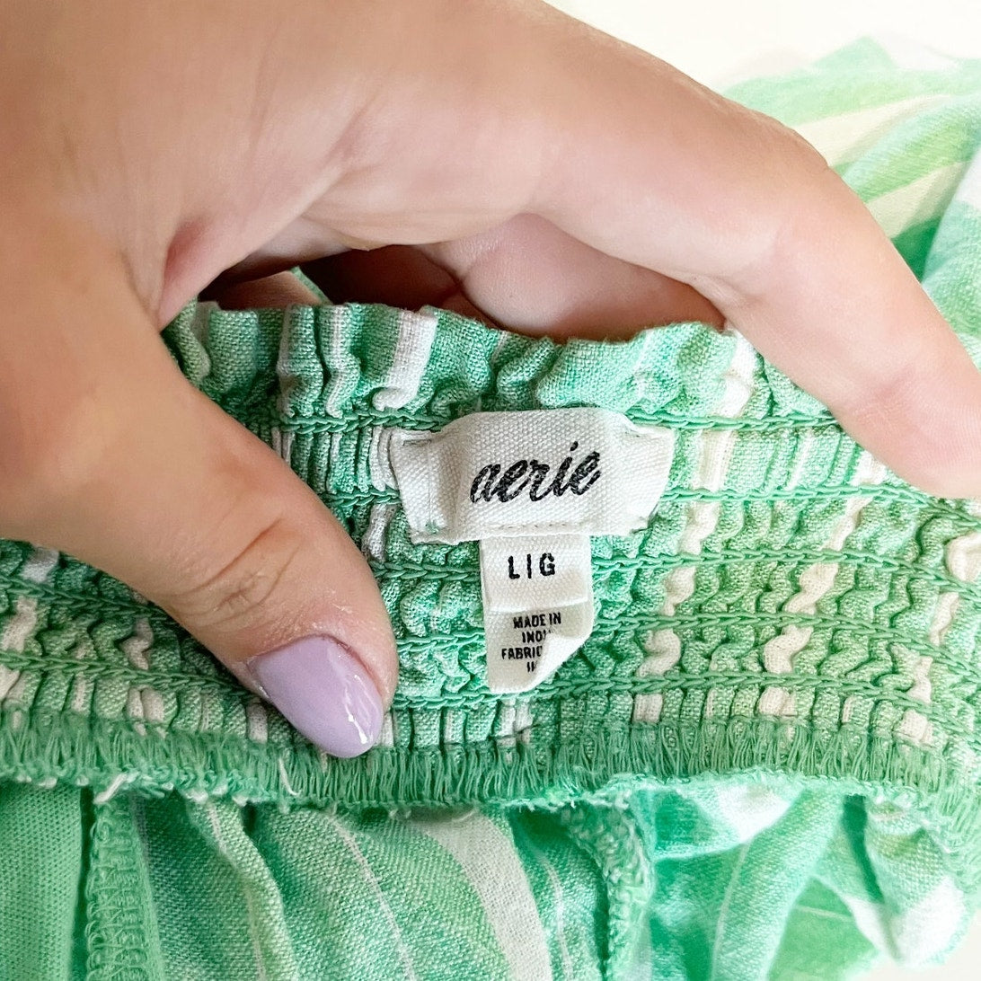 Aerie Linen Blend Striped Pull On Smocked High Waisted Shorts Celebrity Green L
