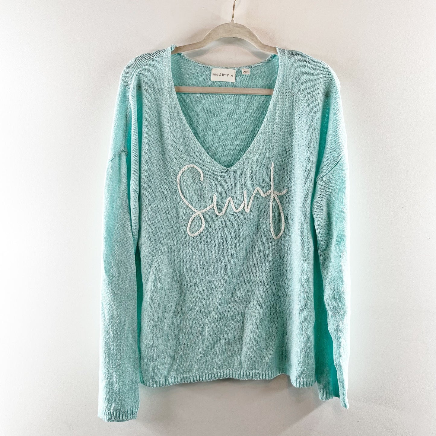 Mia & Tess Long Sleeve V Neck Surf Embroidered Sweater Teal Turquoise XL