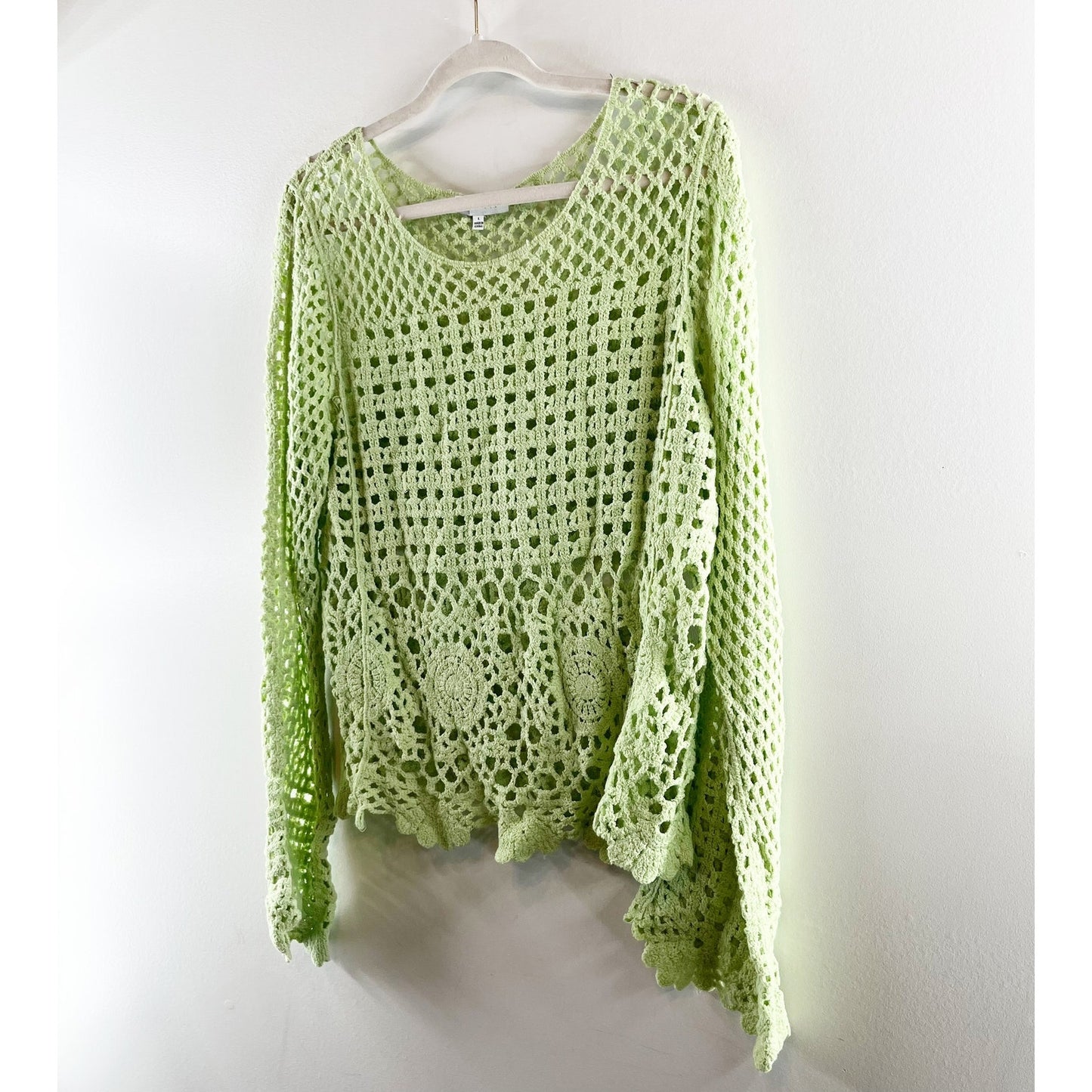 Jacquie The Label Cotton June Scalloped Open Gauge Pullover Sweater Green Large