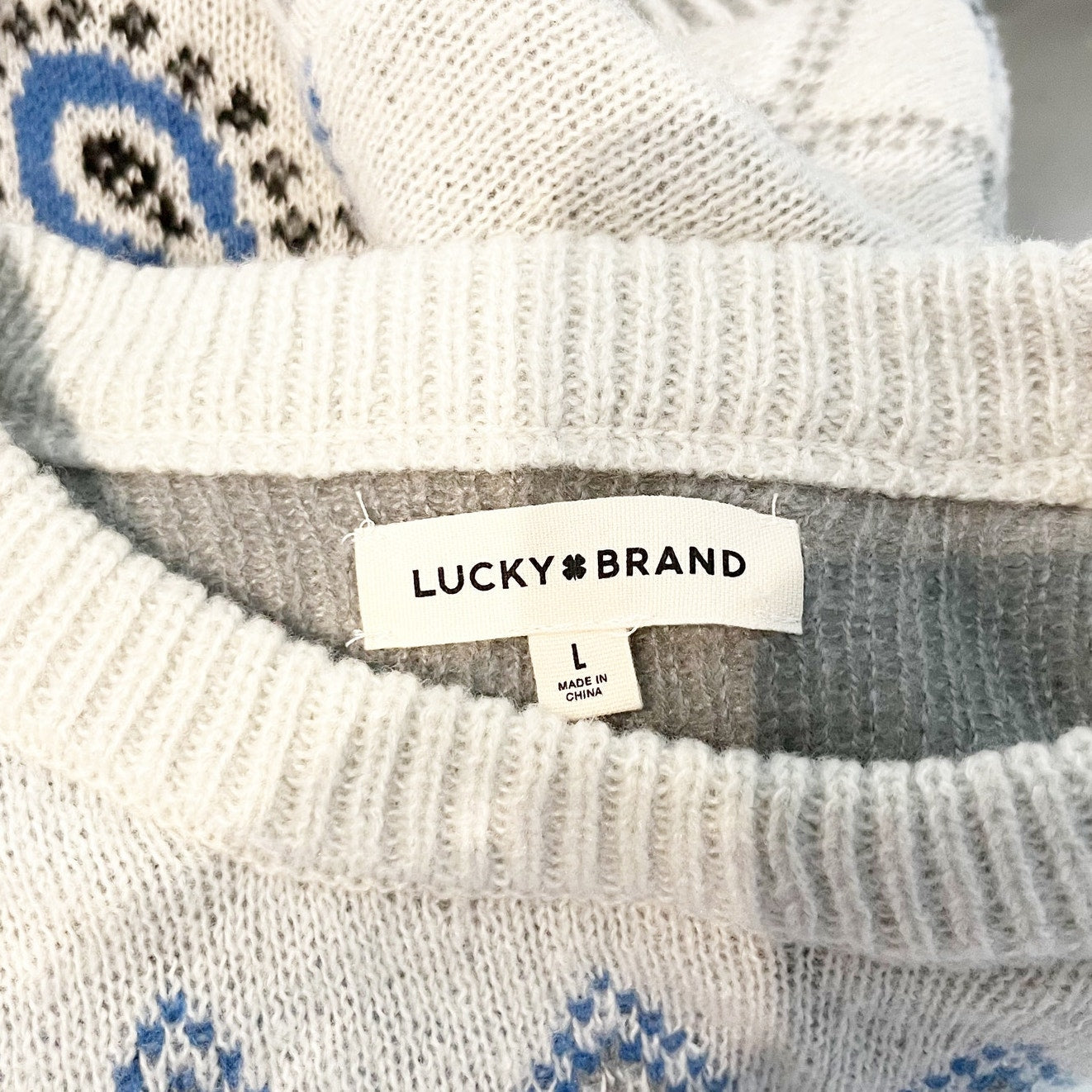 Lucky Brand Crewneck Fair Isle Long Sleeve Sweater Gray Blue Large