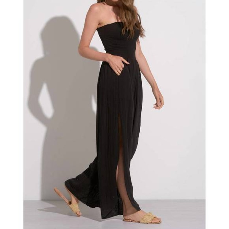 Elan Santorini Strapless Smocked Wide Leg Slit Jumpsuit Black Small