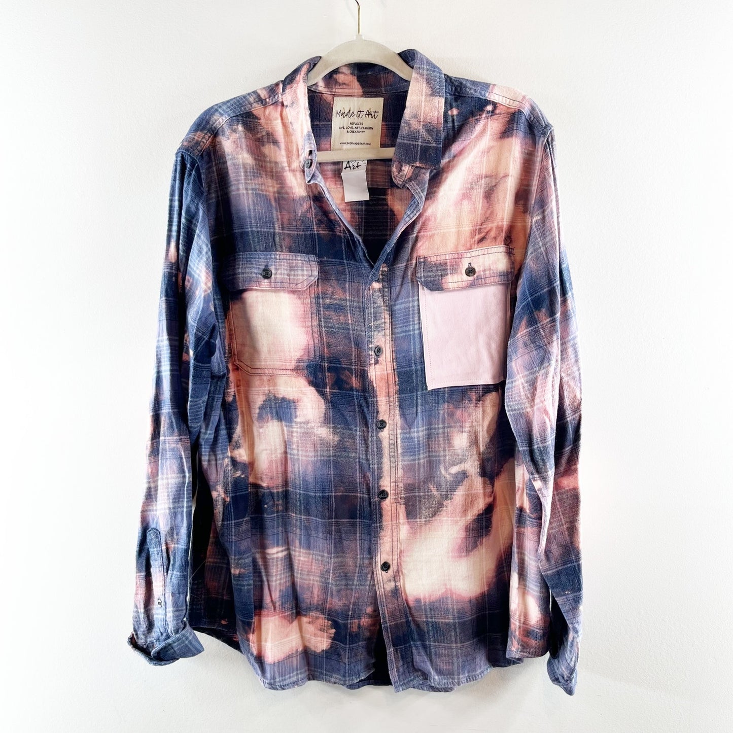 Made it Art Upcycled Plaid Tie Dye Flannel Button Up Shirt Blue Pink Large