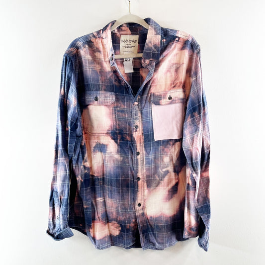 Made it Art Upcycled Plaid Tie Dye Flannel Button Up Shirt Blue Pink Large
