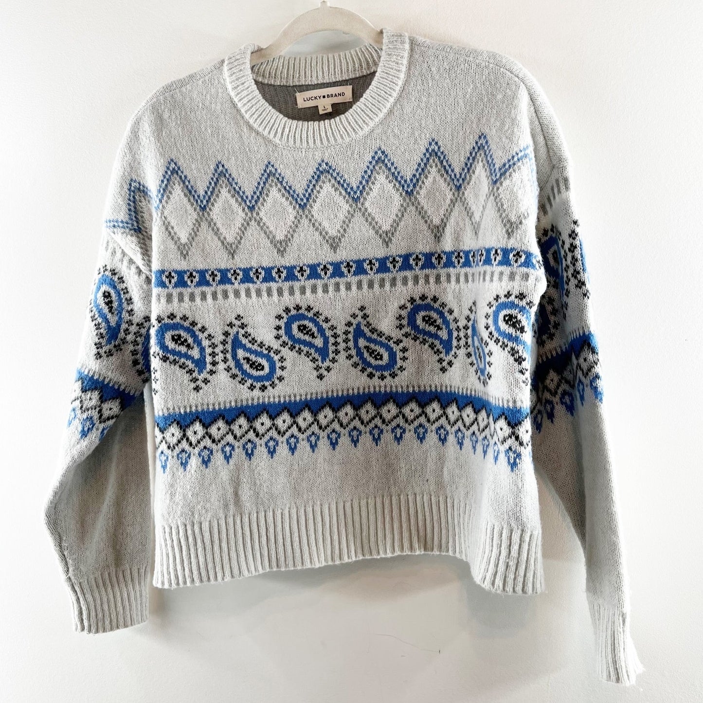 Lucky Brand Crewneck Fair Isle Long Sleeve Sweater Gray Blue Large