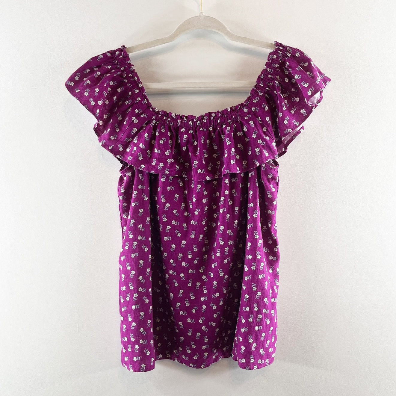 Loft Floral Print Linen-Blend Layered Ruffle Off-The-Shoulder Top Violet Medium