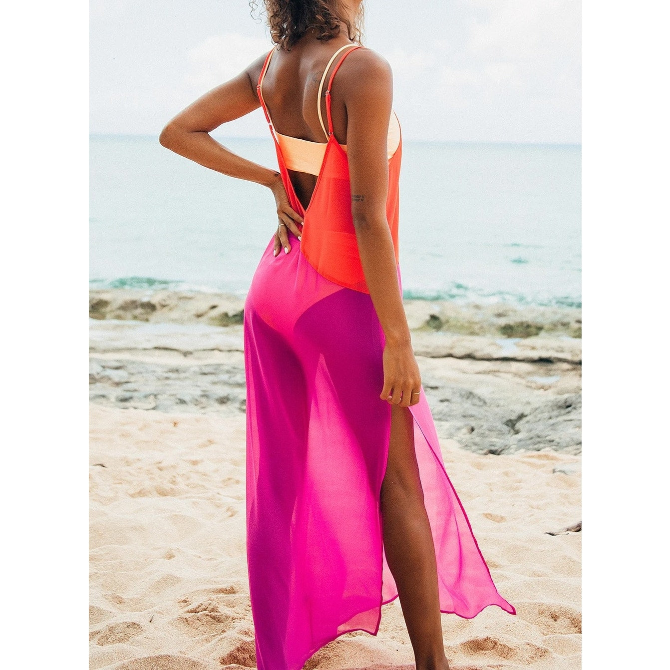 Seaside Retreat Coral Red Magenta Maxi Swim Cover-Up Dress XS