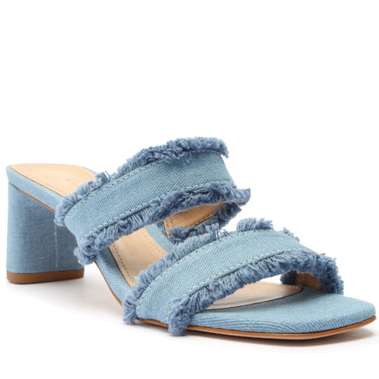 Schutz Amely Slip On Fringed Double Strap Mid Block Denim Mule Sandal Blue 8