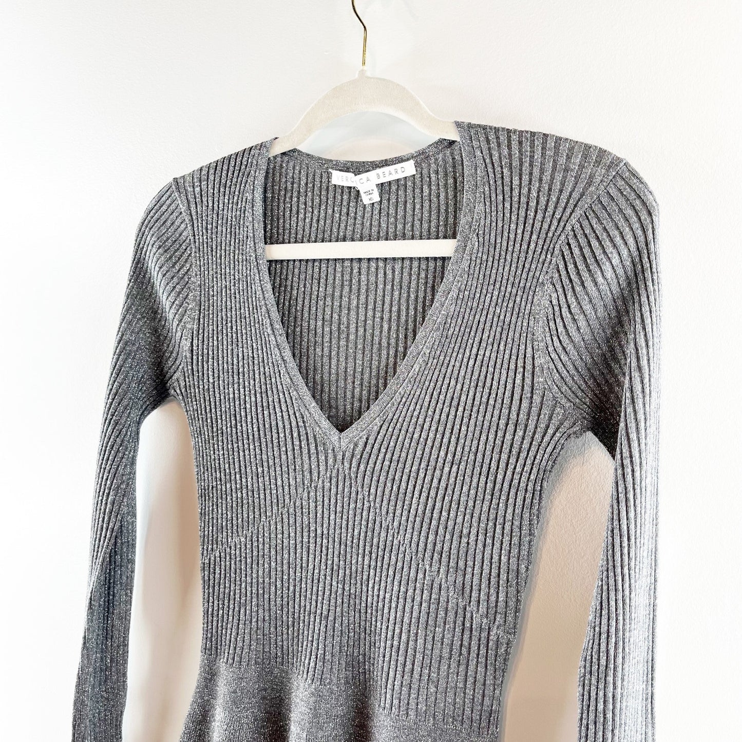 Veronica Beard Esmeralda Metallic V-Neck Ribbed Knit Peplum Sweater Gray XS