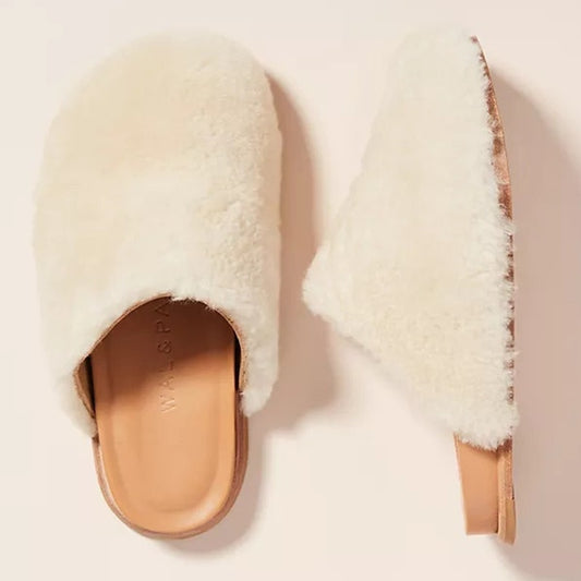 Wal & Pai Ogden Shearling Slip On Round Toe Padded Mules Clog White / Tan 39