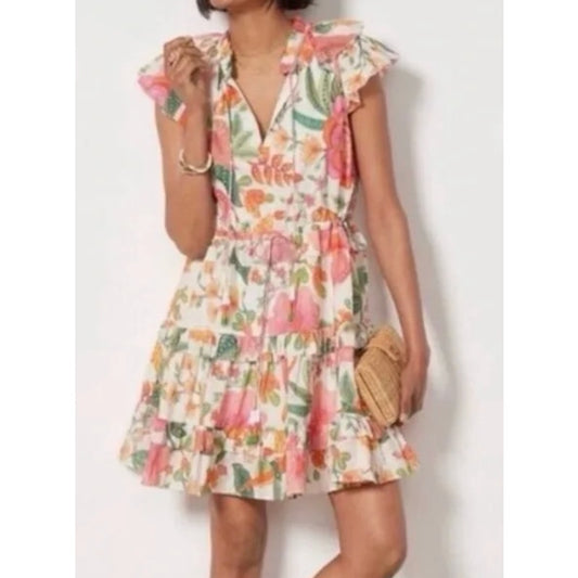 Farm Rio Macaw Bloom Floral Tiered Babydoll Mini Dress Pink White XS