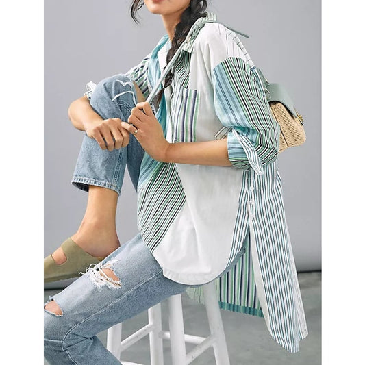 Maeve Anthropologie Alix Henley Striped Long Sleeve Button Up Top Green Medium