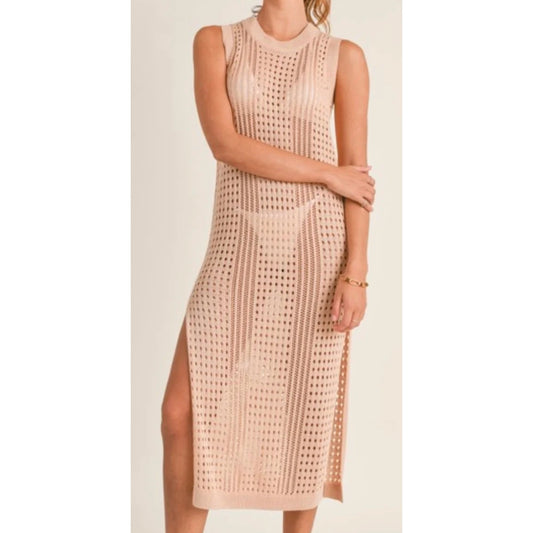 Mable Sleeveless Crochet Cover Up Midi Dress Tan Beige Large