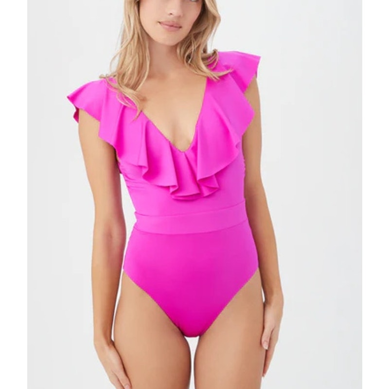 Trina Turk Swim Monaco Solids Ruffle V-Neck One Piece Swimsuit Stargazer Pink 6