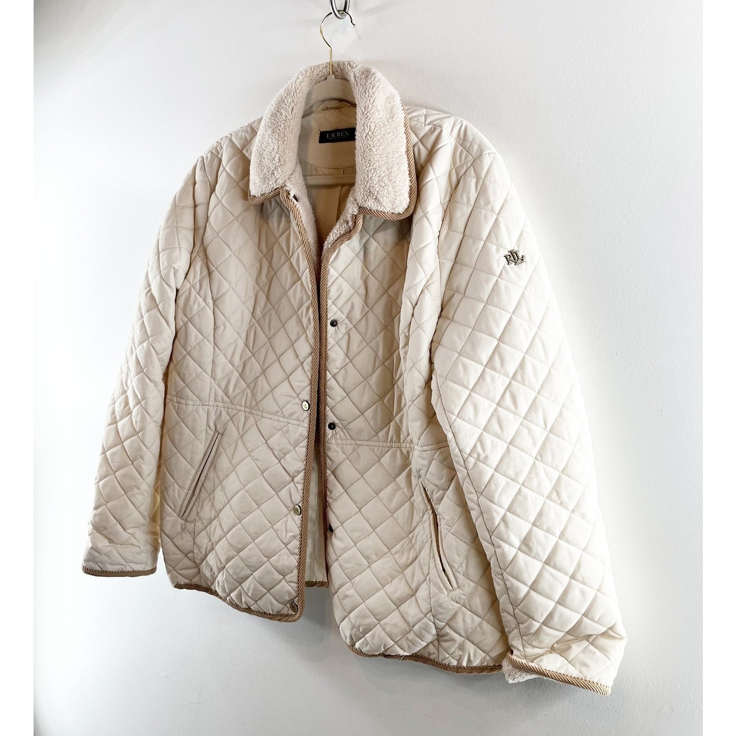 Ralph Lauren Quilted Snap Button Up Sherpa Collar Jacket Cream Large