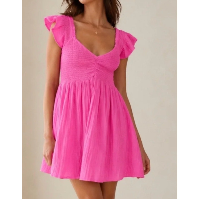 LoveShackFancy Athalia Cotton Ruffle Strap Gauzy Mini Babydoll Dress Pink XL