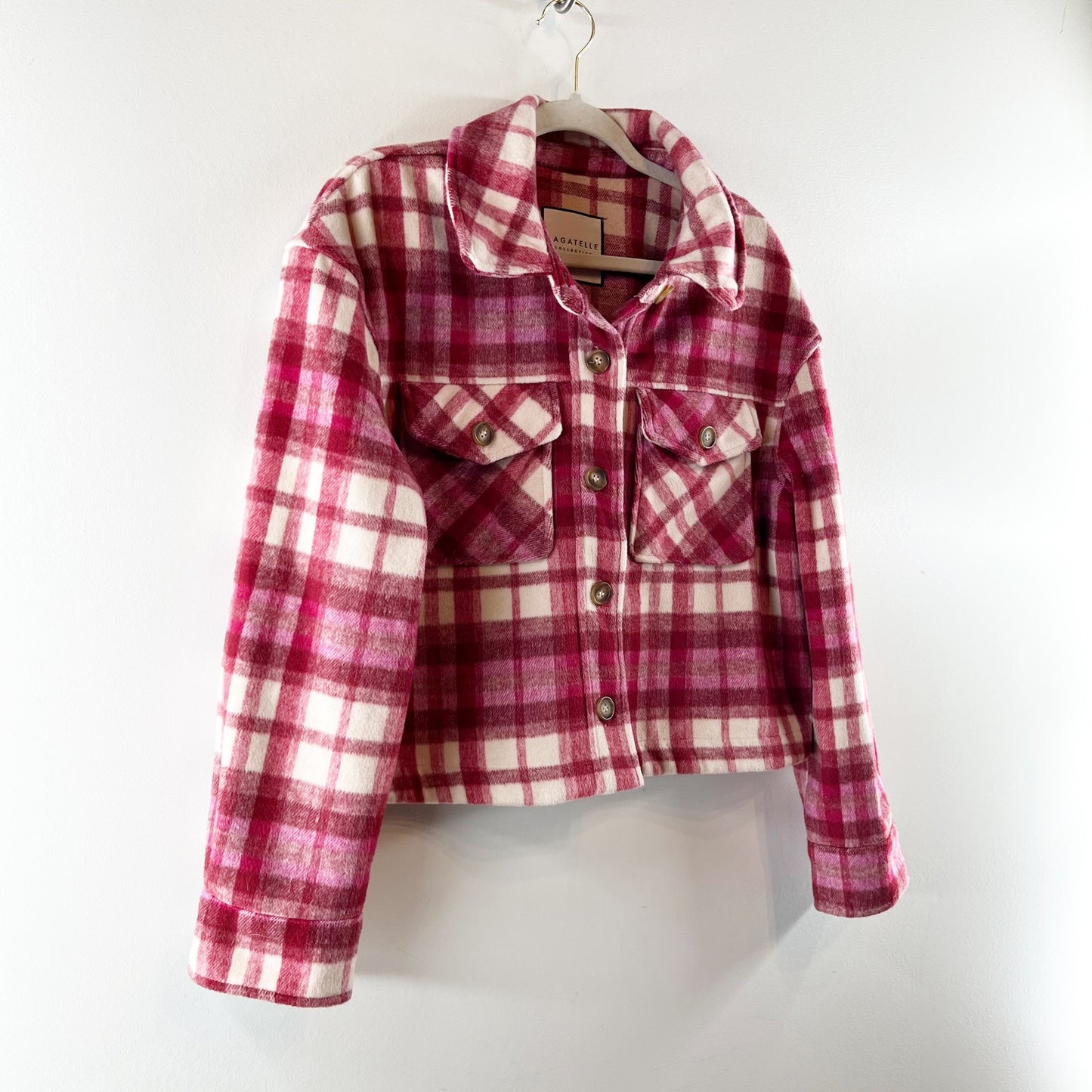 Bagatelle Long Sleeve Cropped Plaid Button Up Jacket Shacket Red Large