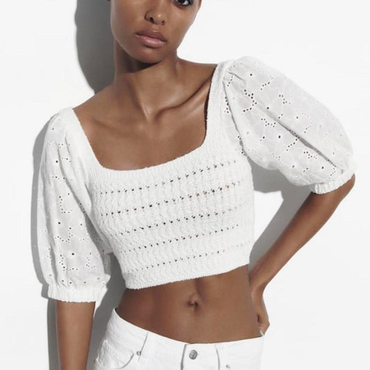 Zara Pointelle Eyelet Balloon Sleeve Square Neck Crop Top White Medium