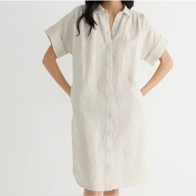 Baird McNutt Irish Linen for J. Crew Relaxed Cuffed Sleeve Shirt Dress Beige M