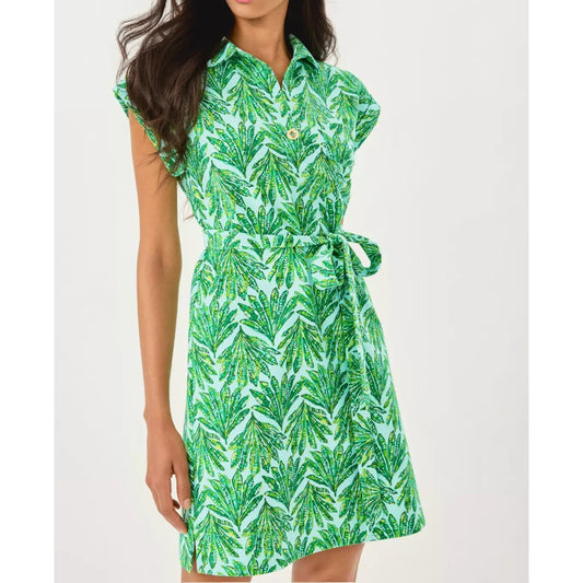 Lilly Pulitzer Emersyn Short Cap Sleeve Belted Printed Cotton Blend Mini Dress M