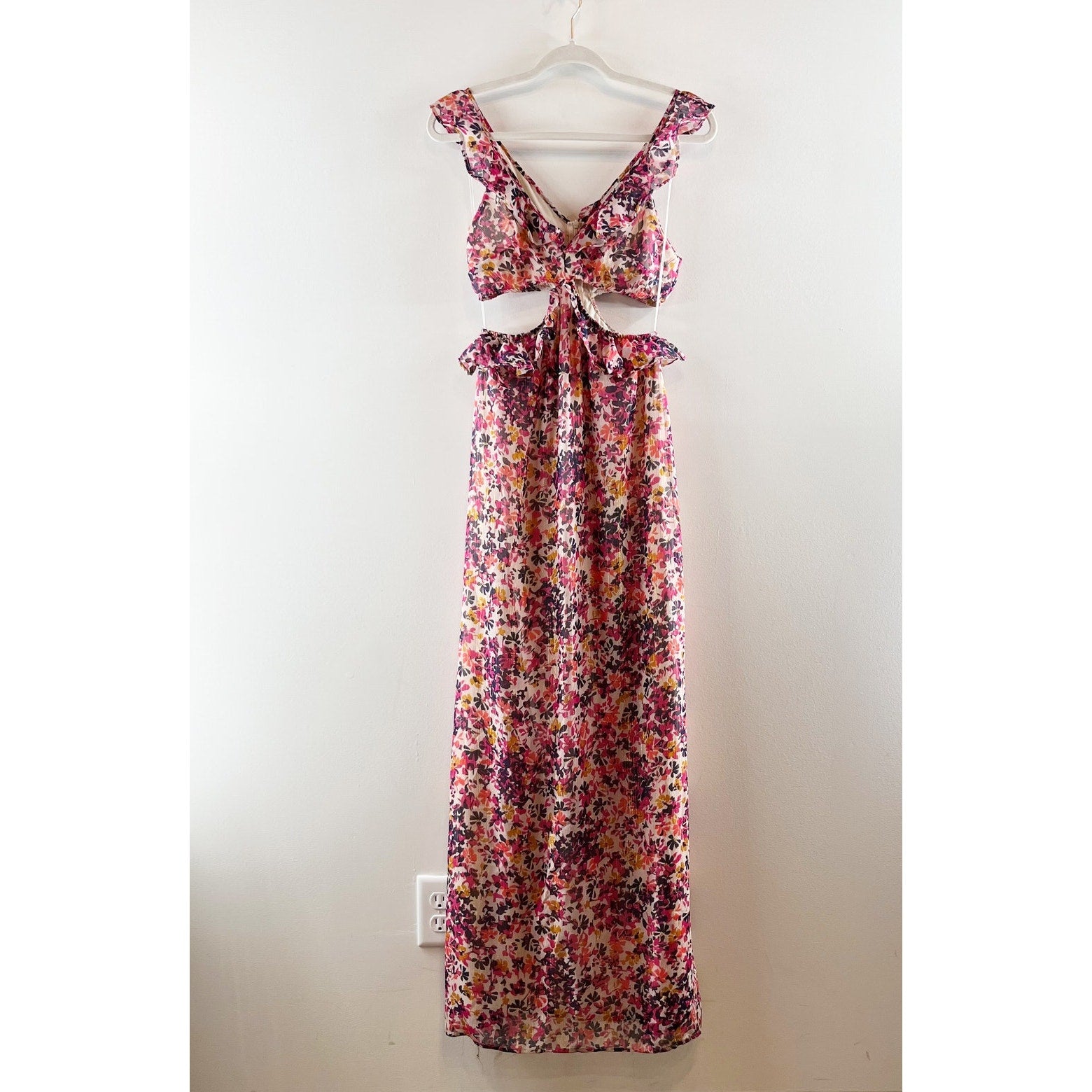 Dee Elly Floral Print Ruffle Trim Cut Out Chiffon Maxi Dress Purple Pink Small Dee Elly Floral Print Ruffle Trim Cut Out Chiffon Maxi Dress Purple Pink Small