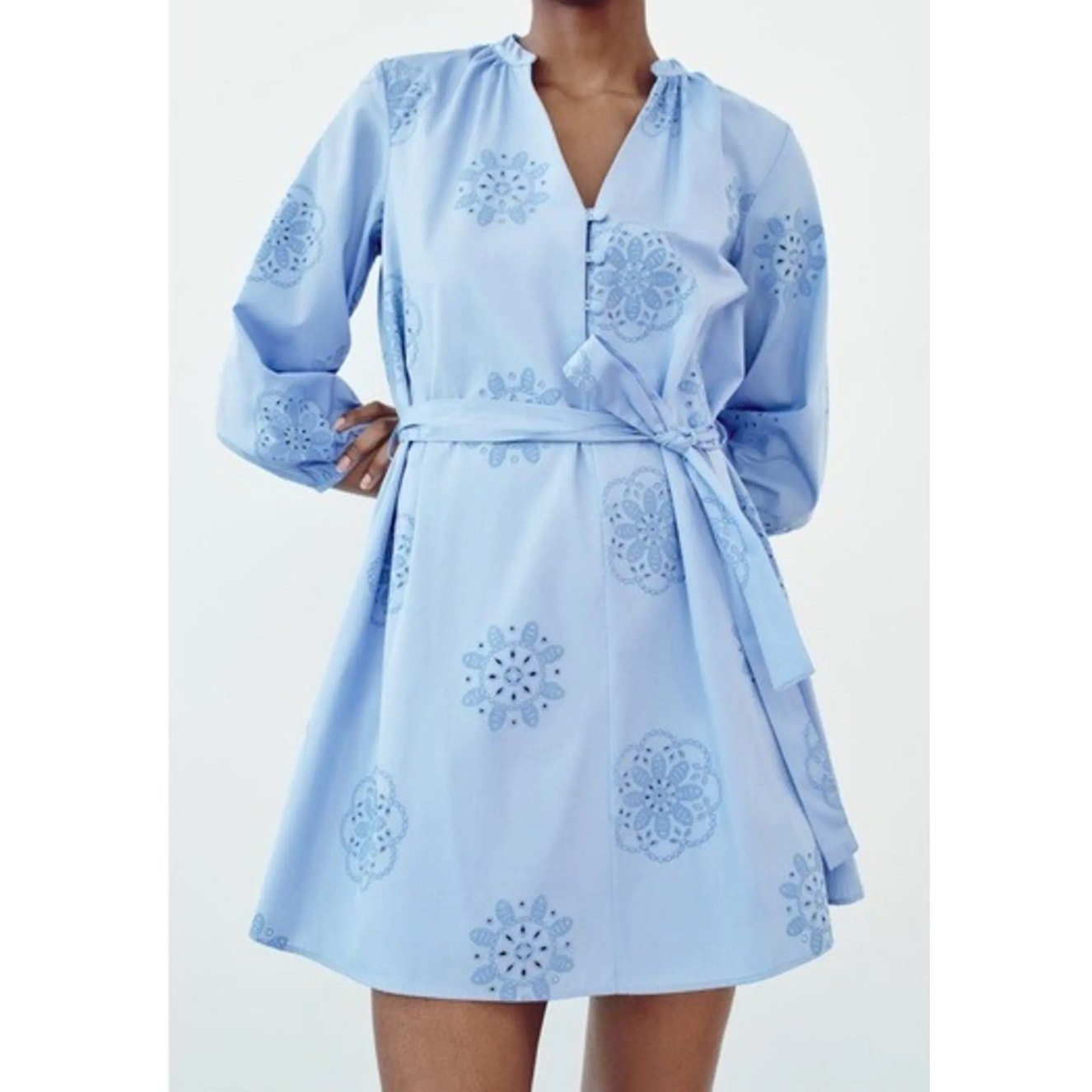 ZARA Long Sleeve Belted Poplin Embroidered Mini Dress Light Blue XXL