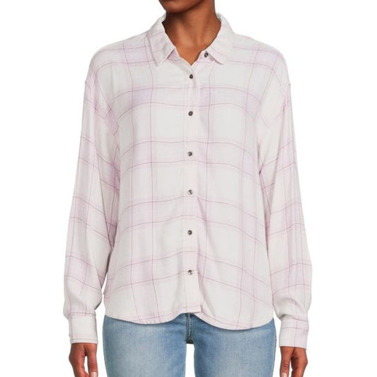 Splendid Keepsake Plaid Long Sleeve Button Down Shirt White Pink Medium