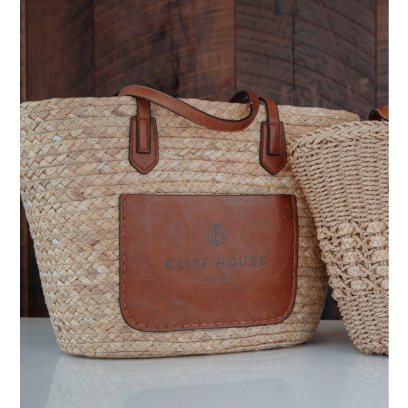 Cliff House Signature Woven Straw Shoulder Strap Beach Tote Bag Brown