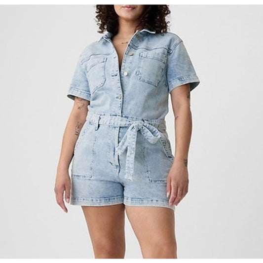 GAP Short Sleeve Tie Waist Denim Romper Light Indigo Wash Blue 20