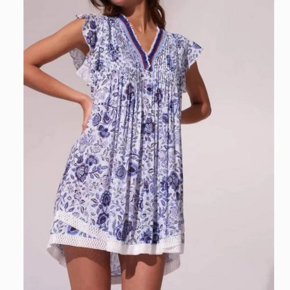Poupette St. Barth Sasha Floral V-Neck Mini Dress White Blue Foulard Small