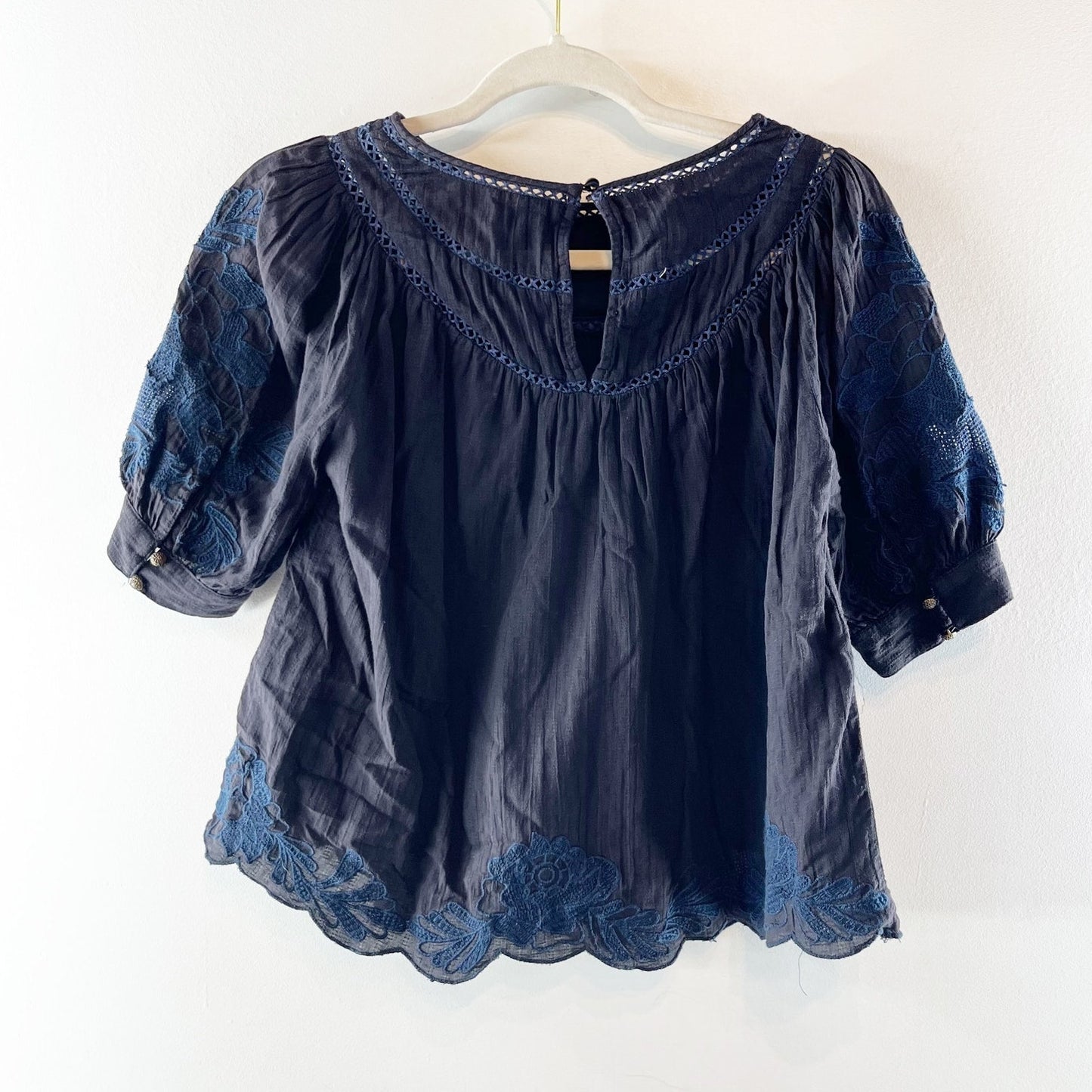 Anthropologie Salma Embroidered Peasant Blouse Navy Blue 0 Petite