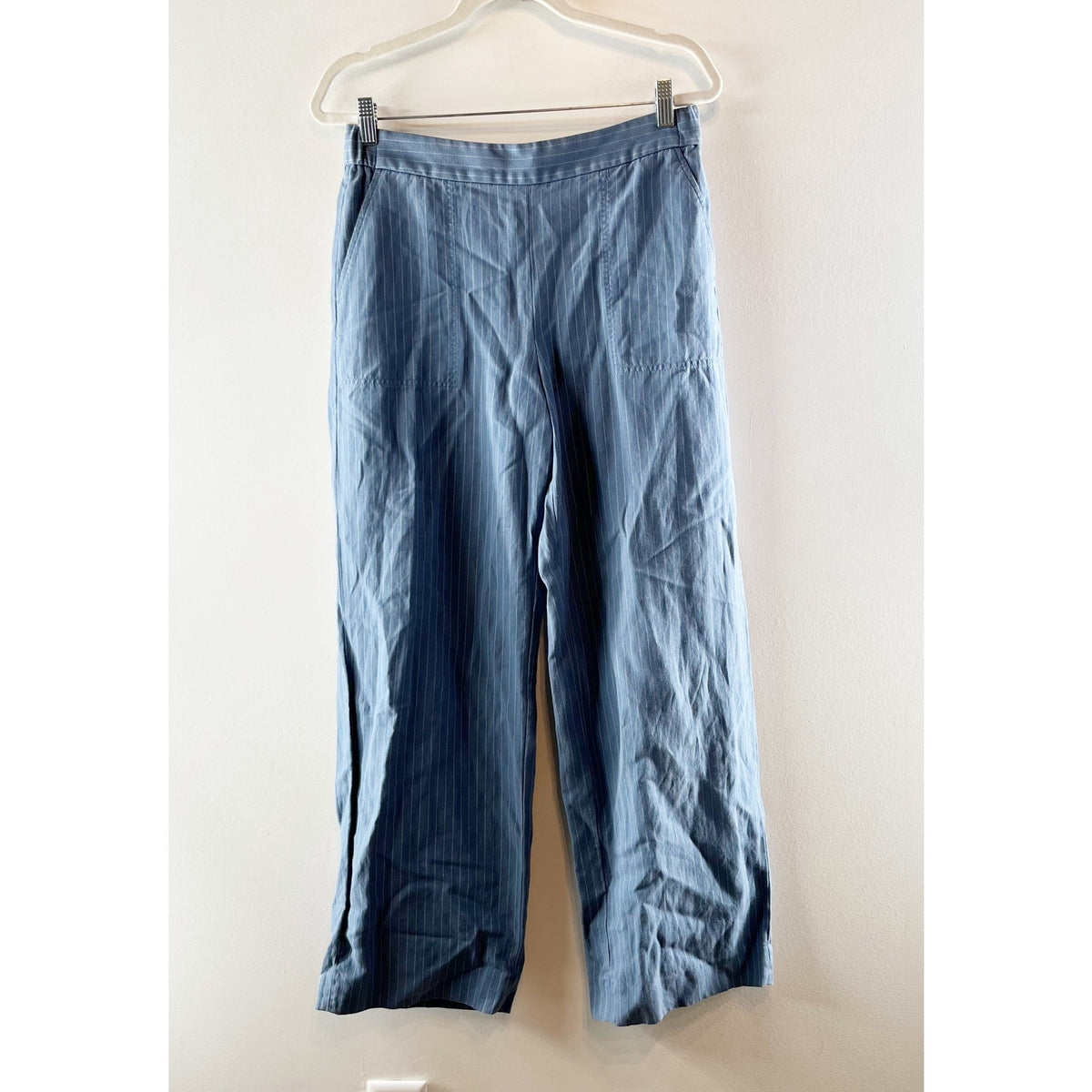 Banana Republic Linen Blend High Rise Pinstripe Straight Leg Trouser Pants Blue